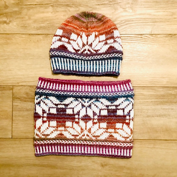 Glow In The Dark Hat Cowl Set Hand knit In USA Fair Isle Cotton Yarn NWT Adult M - Picture 6 of 9